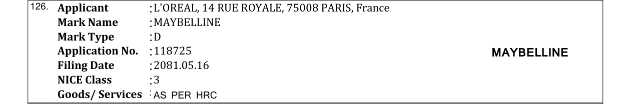 Original bulletin entry for MAYBELLINE
