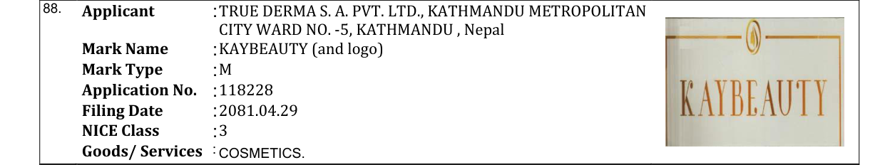 Original bulletin entry for KAYBEAUTY (and logo)