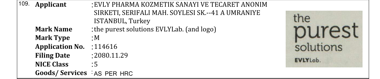 Original bulletin entry for the purest solutions EVLYLab. (and logo)