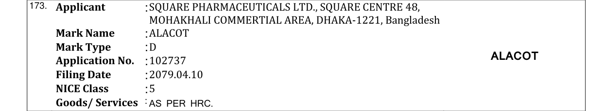 Original bulletin entry for ALACOT