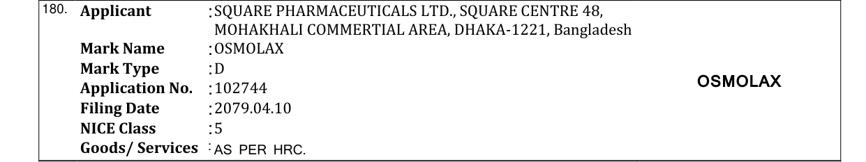 Original bulletin entry for OSMOLAX