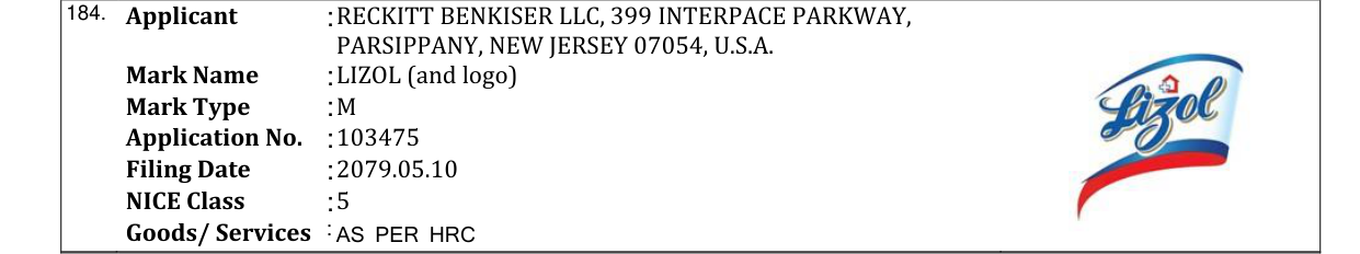Original bulletin entry for LIZOL (and logo)