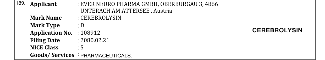 Original bulletin entry for CEREBROLYSIN