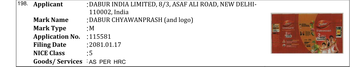 Original bulletin entry for DABUR CHYAWANPRASH (and logo)