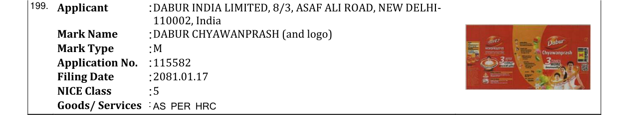 Original bulletin entry for DABUR CHYAWANPRASH (and logo)