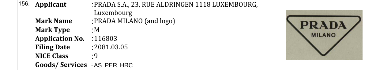 Original bulletin entry for PRADA MILANO (and logo)