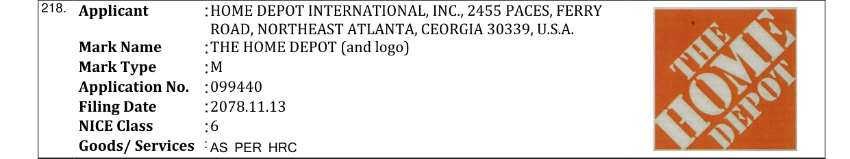 Original bulletin entry for THE HOME DEPOT (and logo)