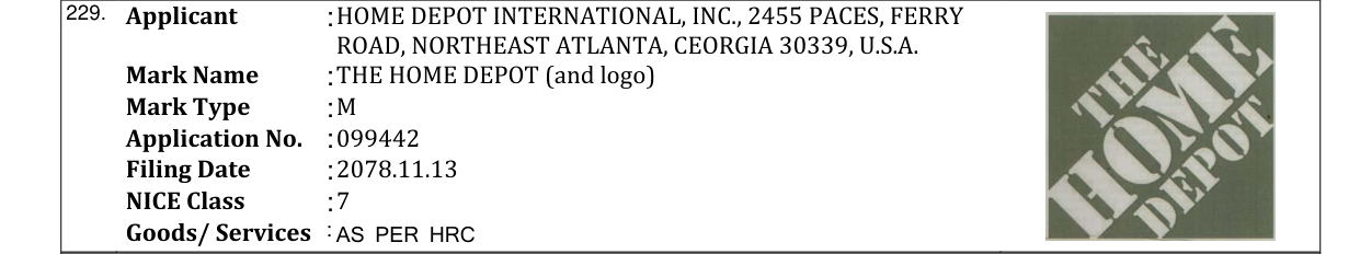 Original bulletin entry for THE HOME DEPOT (and logo)