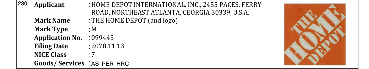 Original bulletin entry for THE HOME DEPOT (and logo)