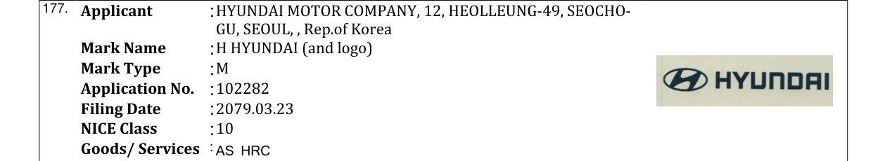 Original bulletin entry for H HYUNDAI (and logo)