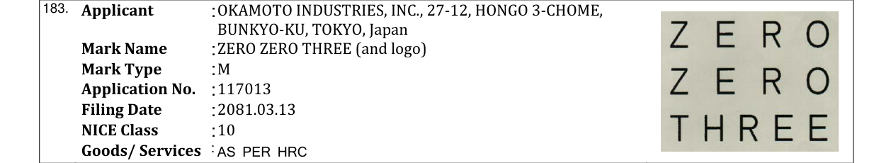 Original bulletin entry for ZERO ZERO THREE (and logo)