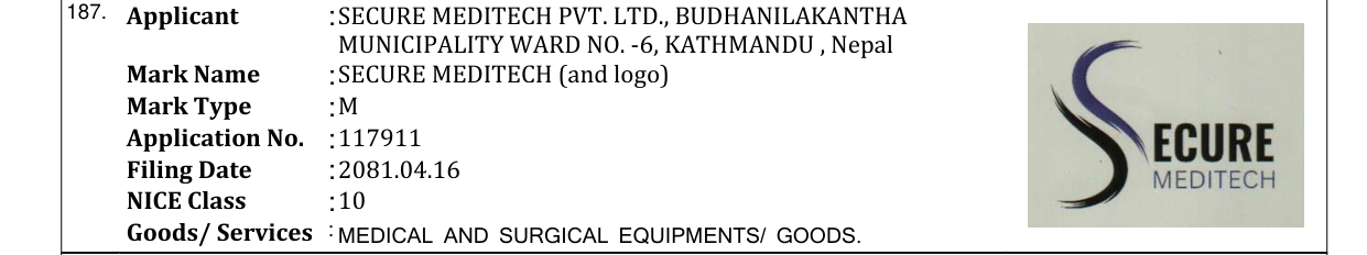 Original bulletin entry for SECURE MEDITECH (and logo)