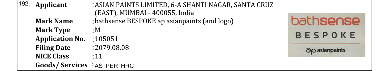 Original bulletin entry for bathsense BESPOKE ap asianpaints (and logo)