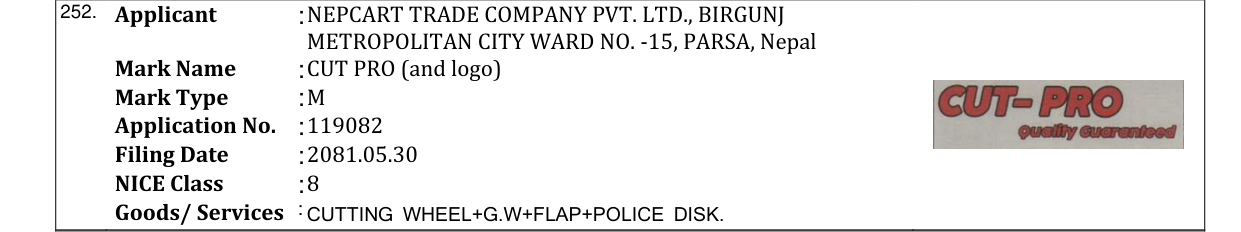 Original bulletin entry for CUT PRO (and logo)
