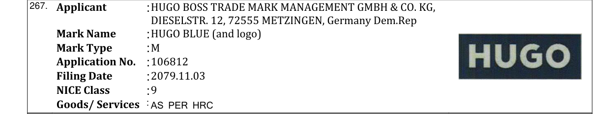 Original bulletin entry for HUGO BLUE (and logo)