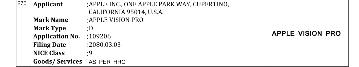 Original bulletin entry for APPLE VISION PRO