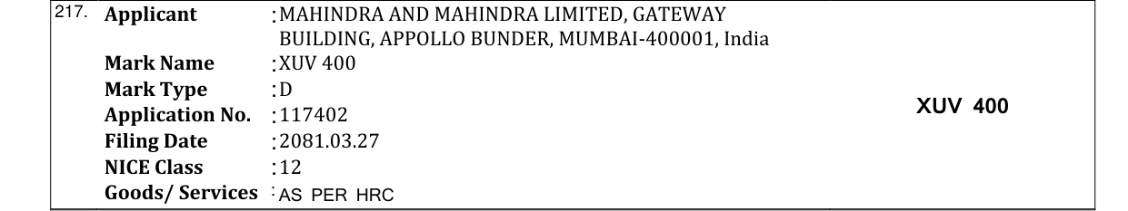 Original bulletin entry for XUV 400