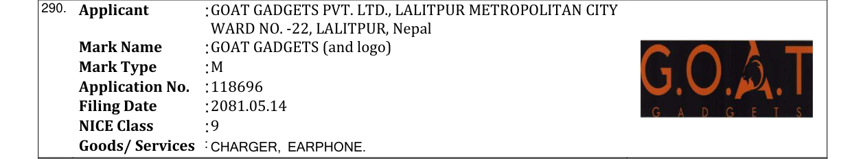Original bulletin entry for GOAT GADGETS (and logo)