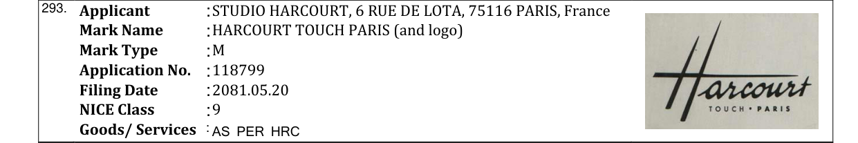 Original bulletin entry for HARCOURT TOUCH PARIS (and logo)
