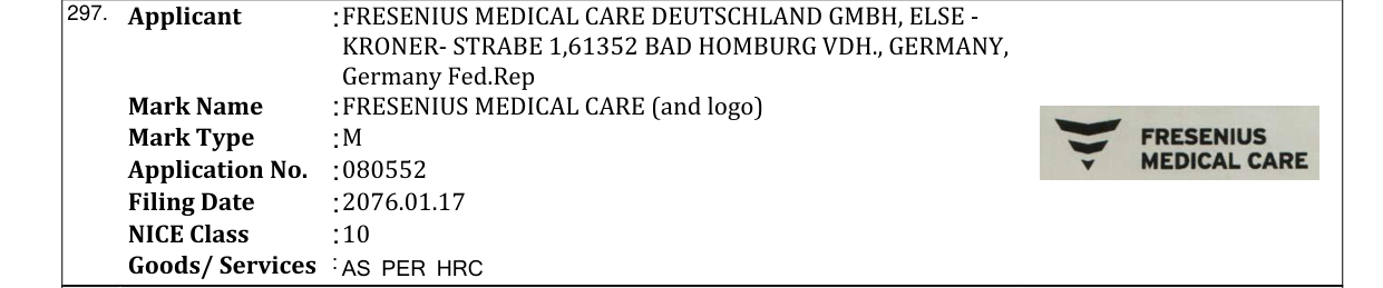 Original bulletin entry for FRESENIUS MEDICAL CARE (and logo)