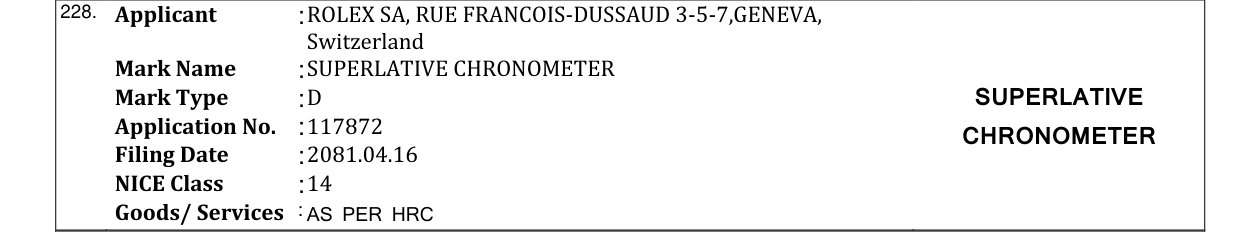 Original bulletin entry for SUPERLATIVE CHRONOMETER