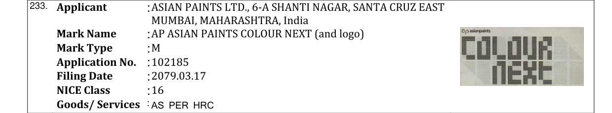 Original bulletin entry for AP ASIAN PAINTS COLOUR NEXT (and logo)