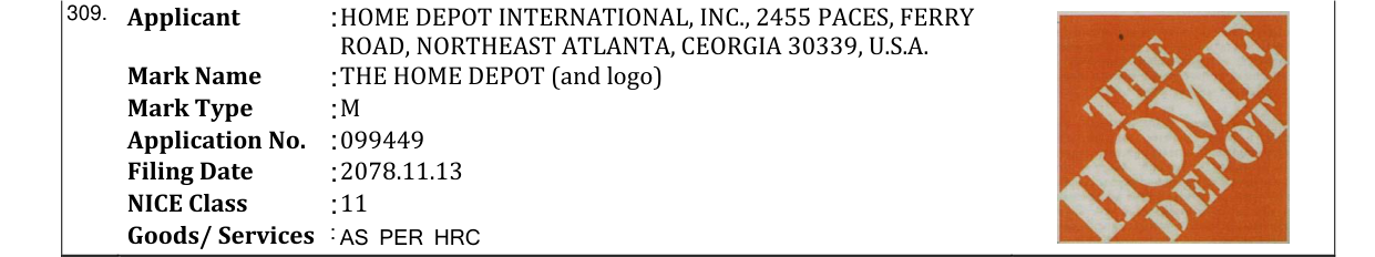 Original bulletin entry for THE HOME DEPOT (and logo)