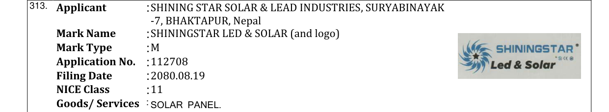 Original bulletin entry for SHININGSTAR LED & SOLAR (and logo)