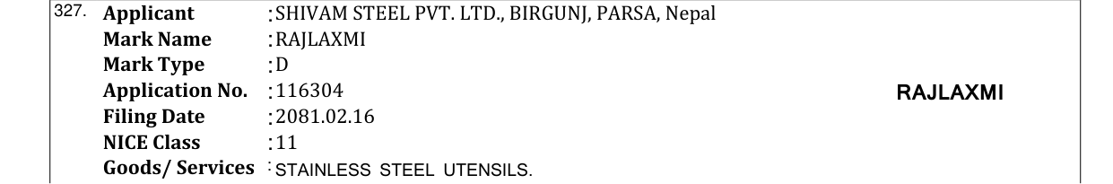 Original bulletin entry for RAJLAXMI