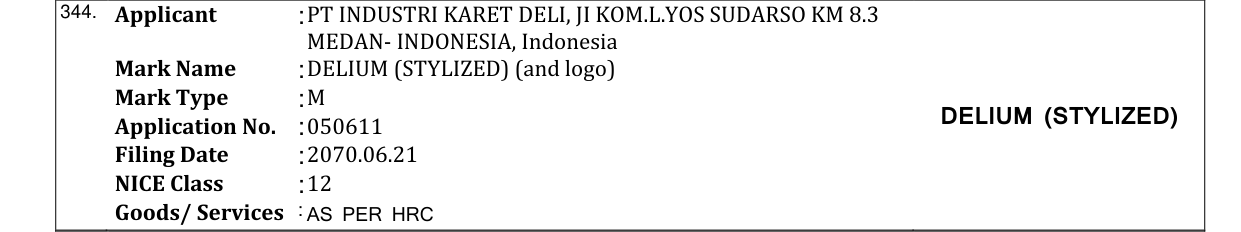Original bulletin entry for DELIUM (STYLIZED) (and logo)