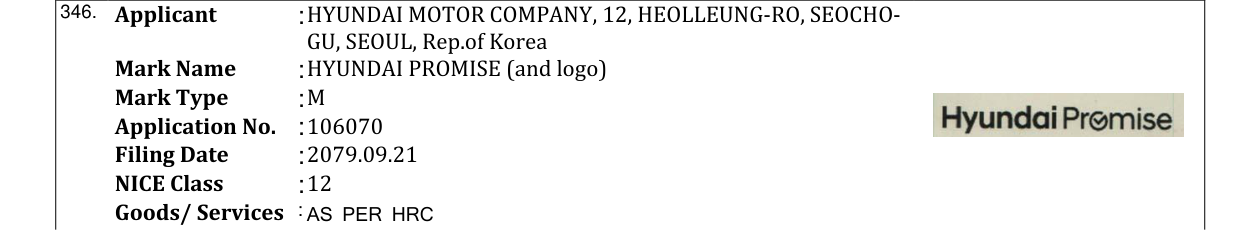 Original bulletin entry for HYUNDAI PROMISE (and logo)
