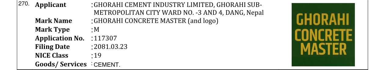 Original bulletin entry for GHORAHI CONCRETE MASTER (and logo)