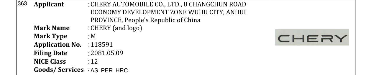 Original bulletin entry for CHERY (and logo)