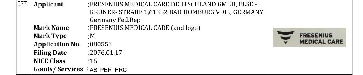 Original bulletin entry for FRESENIUS MEDICAL CARE (and logo)