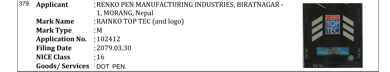 Original bulletin entry for RENKO TOP TEC With Logo