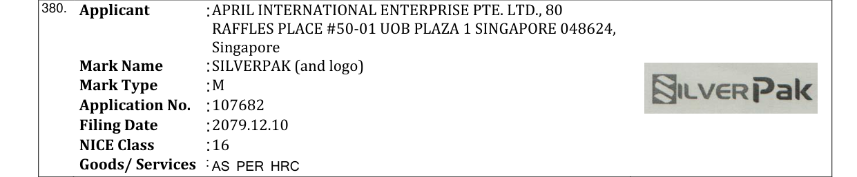 Original bulletin entry for SILVERPAK (and logo)