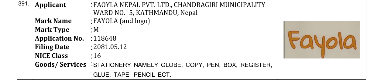 Original bulletin entry for FAYOLA (and logo)