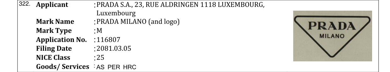 Original bulletin entry for PRADA MILANO (and logo)