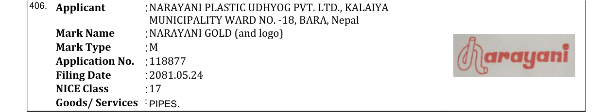 Original bulletin entry for NARAYANI GOLD (and logo)