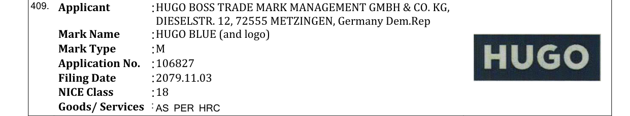 Original bulletin entry for HUGO BLUE (and logo)