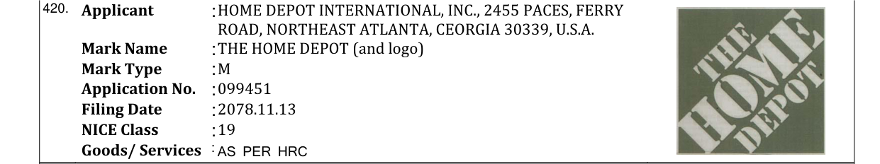Original bulletin entry for THE HOME DEPOT (and logo)