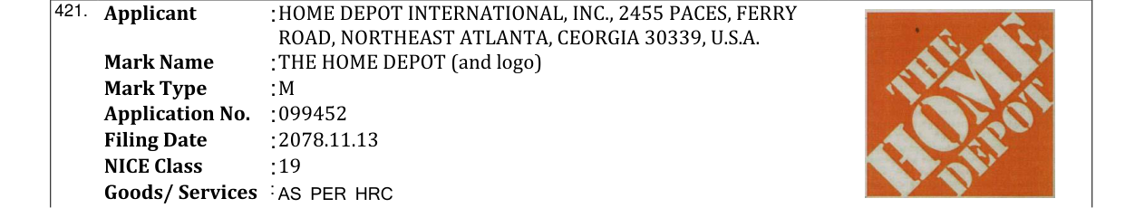 Original bulletin entry for THE HOME DEPOT (and logo)