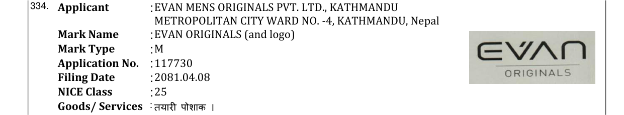 Original bulletin entry for EVAN ORIGINALS (and logo)