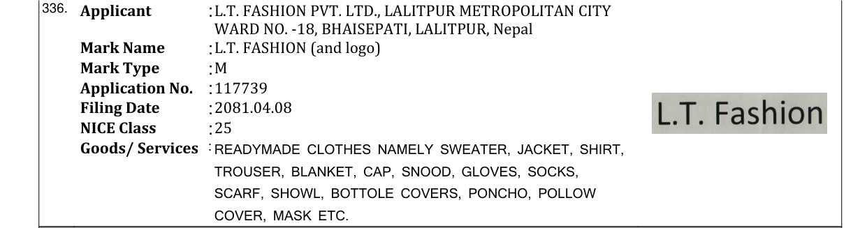 Original bulletin entry for L.T. FASHION (and logo)