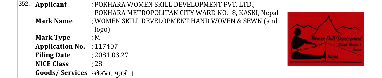 Original bulletin entry for WOMEN SKILL DEVELOPMENT HAND WOVEN & SEWN (and logo)