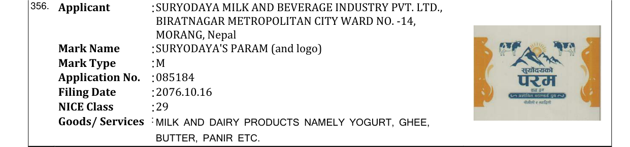 Original bulletin entry for SURYODAYA'S PARAM (and logo)