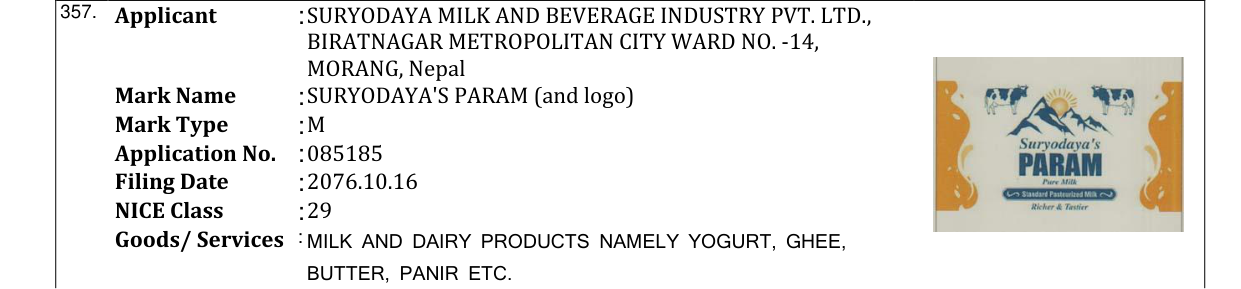 Original bulletin entry for SURYODAYA'S PARAM (and logo)