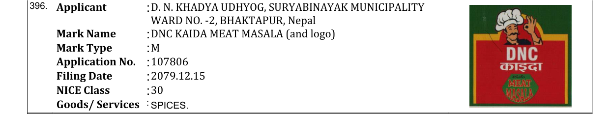 Original bulletin entry for DNC KAIDA MEAT MASALA (and logo)
