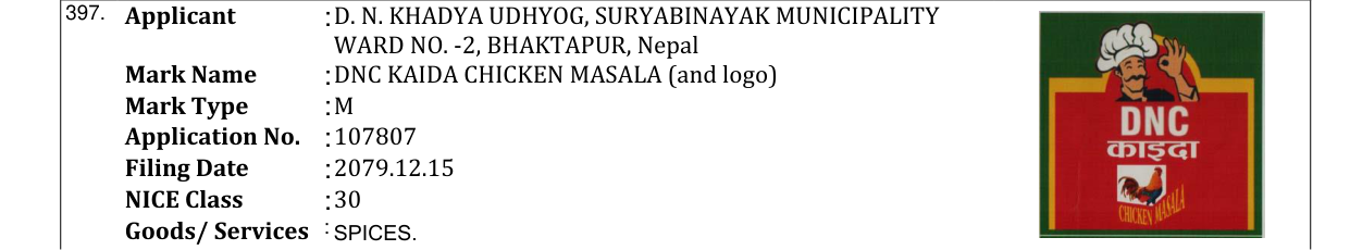 Original bulletin entry for DNC KAIDA CHICKEN MASALA (and logo)