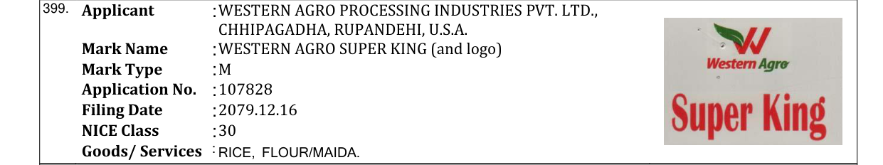 Original bulletin entry for WESTERN AGRO SUPER KING (and logo)